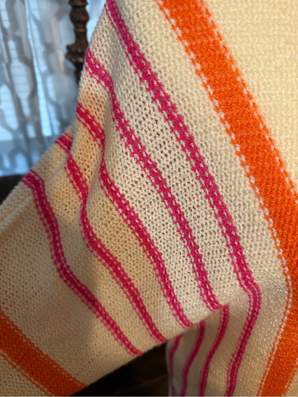 Light Cream Boatneck Sweater with Pink and Orange Stripe Accents - Picture 2 of 4